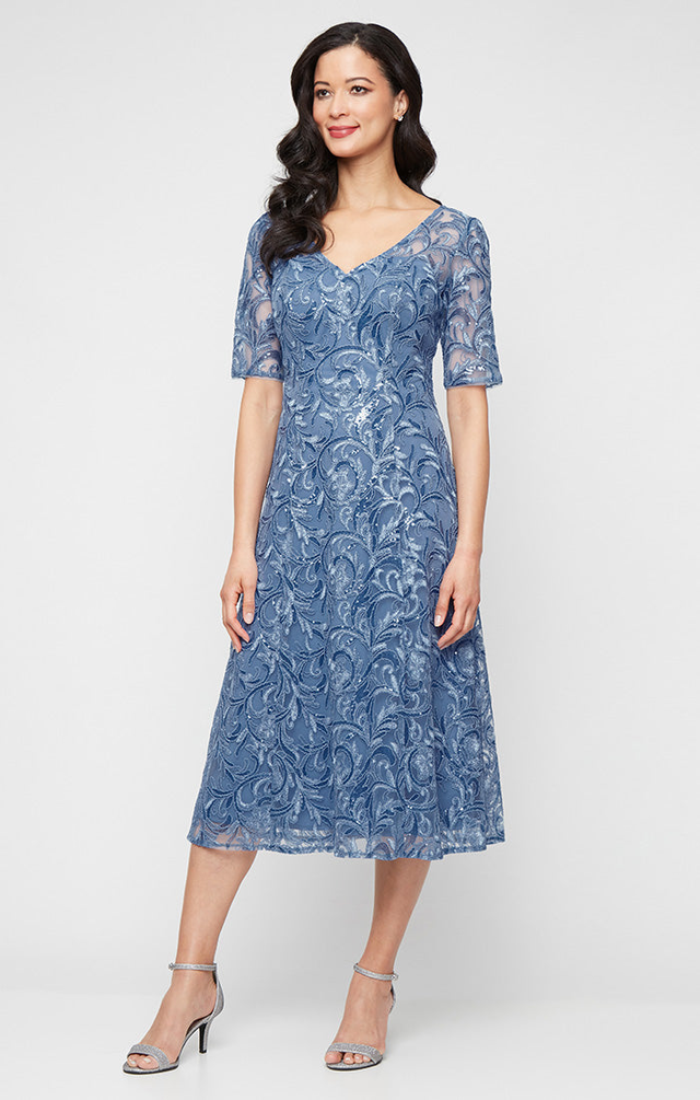 Midi Embroidered Tulle V-Neck Dress with Illusion Elbow Sleeves and A-Line Skirt