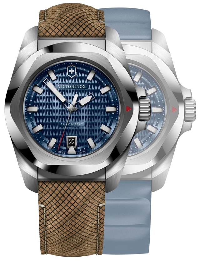 Victorinox Swiss Army I.N.O.X. Automatic Stainless Steel Blue Dial Brown Wood Interchangeable Blue Rubber Strap Date Divers Mens Watch 242018.1