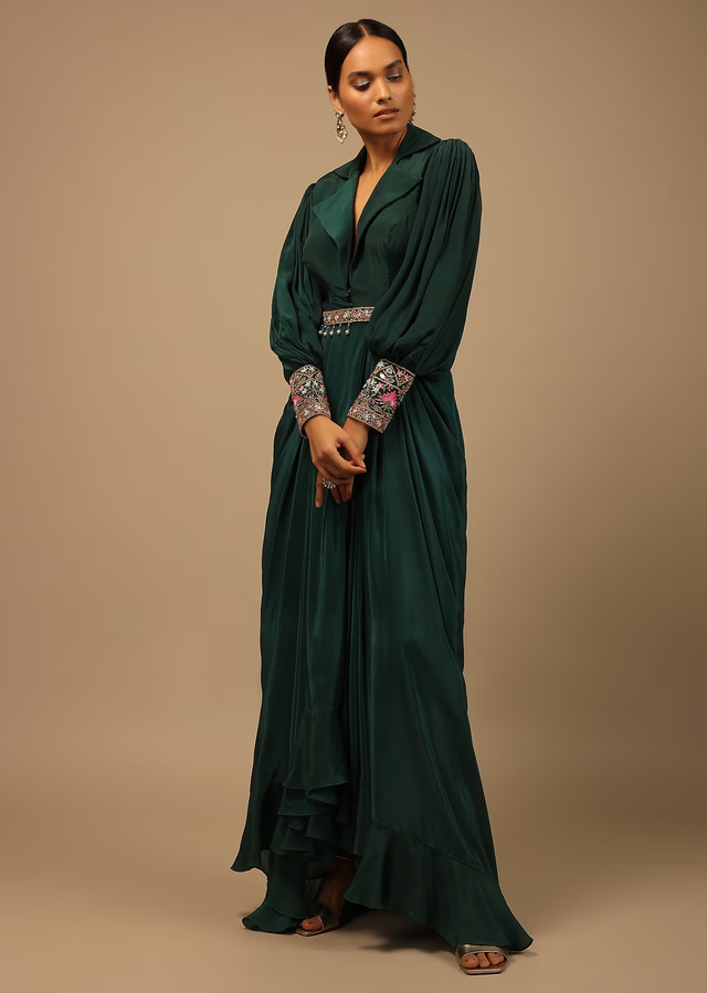 Dark Pine Green High Low Gown With Collar Neckline, Bishop Sleeves And Multicolor Handwork On The Cuffs