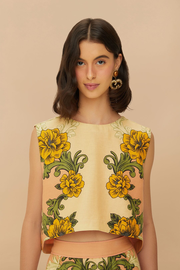 Cream Delicate Flower Arabesques Euroflax™ Premium Linen Crop Top