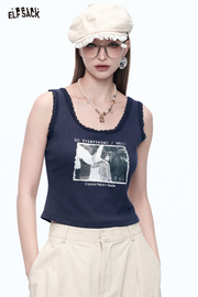 Sweet Kitten Print Lace Camisole Women Sexy Short Tank Tops