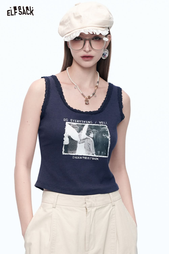 Sweet Kitten Print Lace Camisole Women Sexy Short Tank Tops