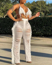 Fringe Trim Halter Crop Top & Cover Up Pants Set