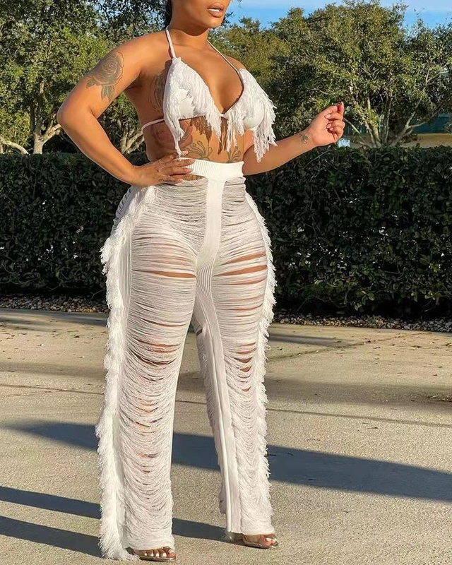 Fringe Trim Halter Crop Top & Cover Up Pants Set