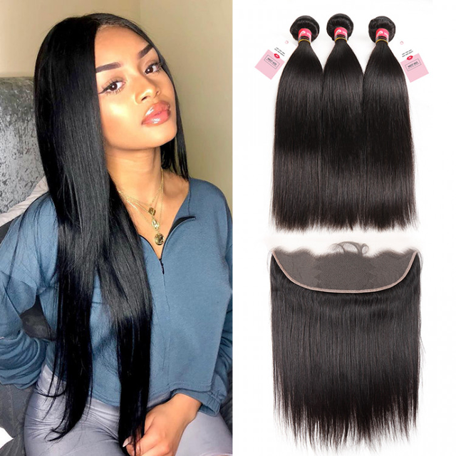 Brazilian Straight Bundles 3 PCS With 13x4 Lace Frontal Closure