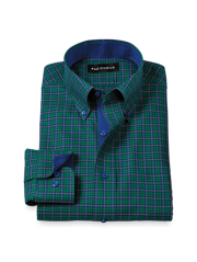 Comfort Stretch Non-Iron Plaid Dress Shirt With Contrast Trim - Green/blue