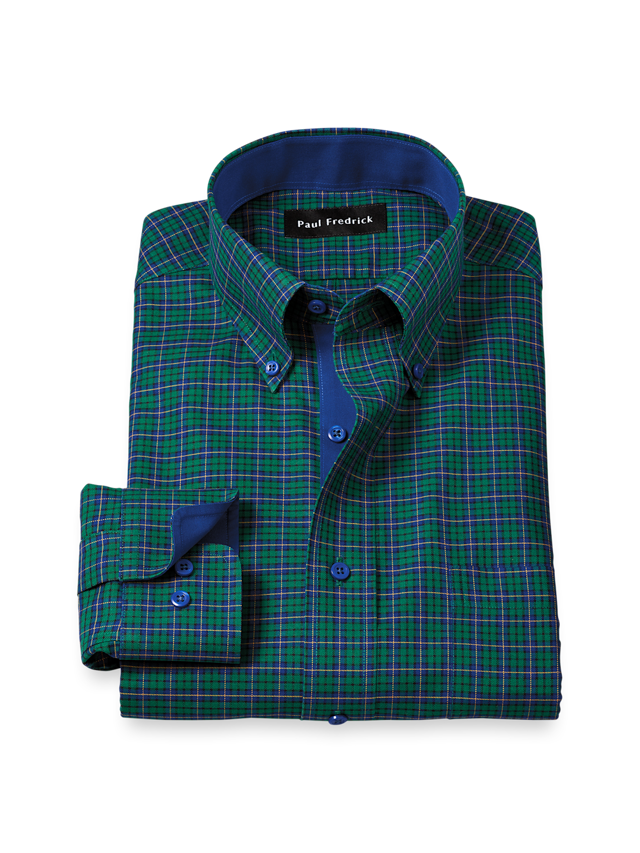 Comfort Stretch Non-Iron Plaid Dress Shirt With Contrast Trim - Green/blue
