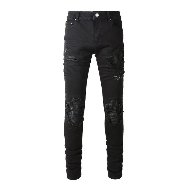 Black Leather Patch Distressed Jeans