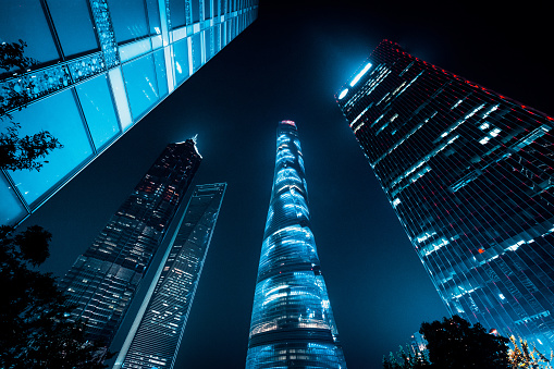 Futuristic Shanghai Pudong Skyscrapers with Shaghai Tower in the...