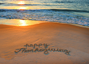 Happy Thanksgiving written in the sandy coast of Hilton Head Island...