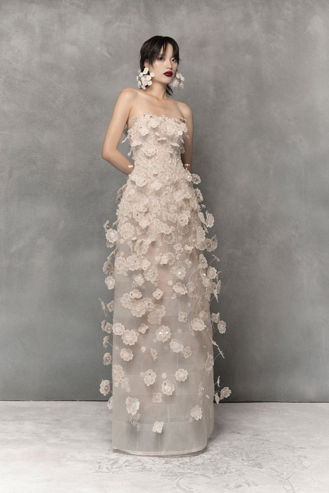 Floral Lace Gown with Metal Beads
