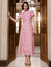 Mirabel Gold Metallic Fil Coupé Maxi Dress - Pink Floral Trellis Print