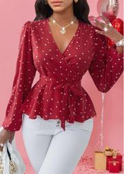 Heart Print Patchwork Red Long Sleeve V Neck Blouse