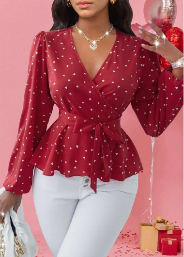 Heart Print Patchwork Red Long Sleeve V Neck Blouse