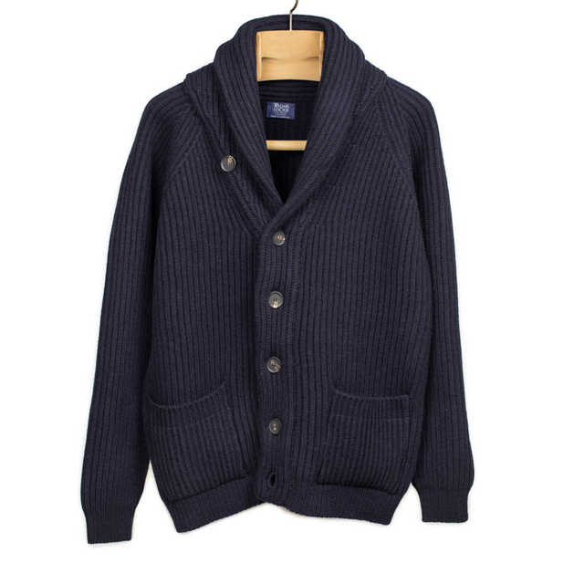 Shawl collar 8-ply cardigan jacket in Dark Navy supergeelong lambswool