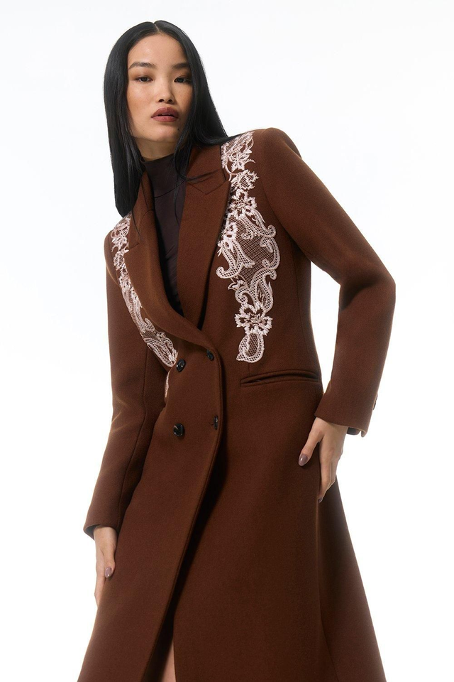 Wool Blend Embroidered Embellished Placed Floral Double Breasted Tailored Midi Coat | Karen Millen