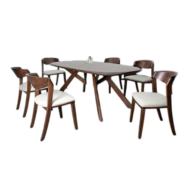 Ziva 7pc Dining Table Set | 6 Ivory Chairs | 3D Edge Brown Solid Wood