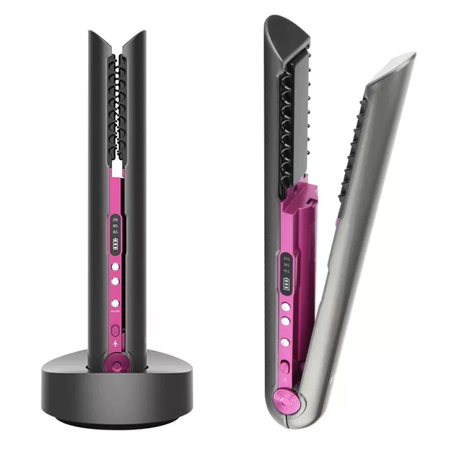 Wireless Hair Straightener with Charging Base Flat Iron Mini 2 in 1 Roller USB 4800Mah Portable Cordless Curler Dry and Wet Uses