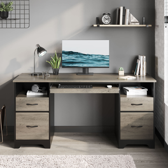 Bestier 59.06-in W 4-Drawer Gray Computer Desk with File Drawer and Keyboard Tray