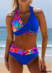 ROTITA Surplice Royal Blue Floral Print Bikini Set