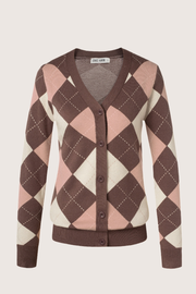 GK Women Diamond Pattern Color Block Cardigan Sweater V-Neck Button-up Knitwear