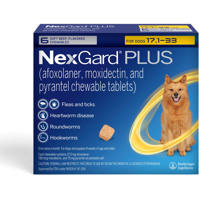 NexGard PLUS Chew for Dogs, 17.1-33 lbs. (Gold Box)