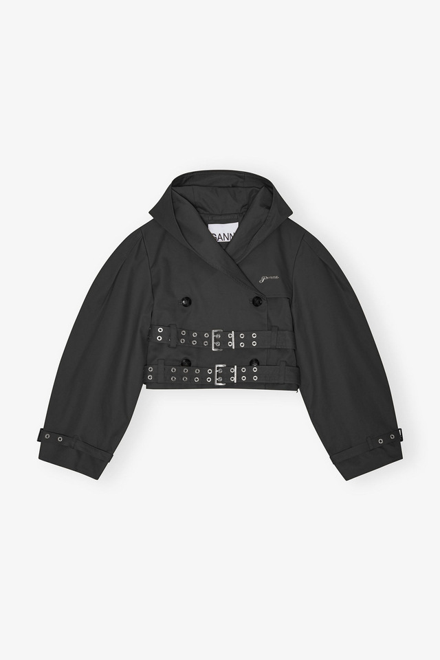 Black Bonded Cotton Short Trench Jacket