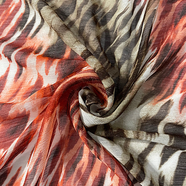 Red Multi Zebra Crinkled Print Chiffon Fabric