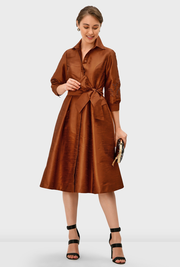 Cutwork floral embroidery sash-tie dupioni dress