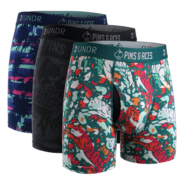 Swing Shift 6" Boxer Brief - 3 Pack Boxset - Pins & Aces | Graffiti/Tiger/Palm