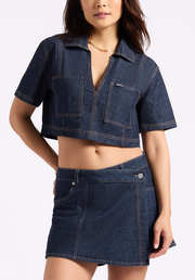 Selena Women's Denim Cropped Top with Patch Pockets, Indigo - BL16016