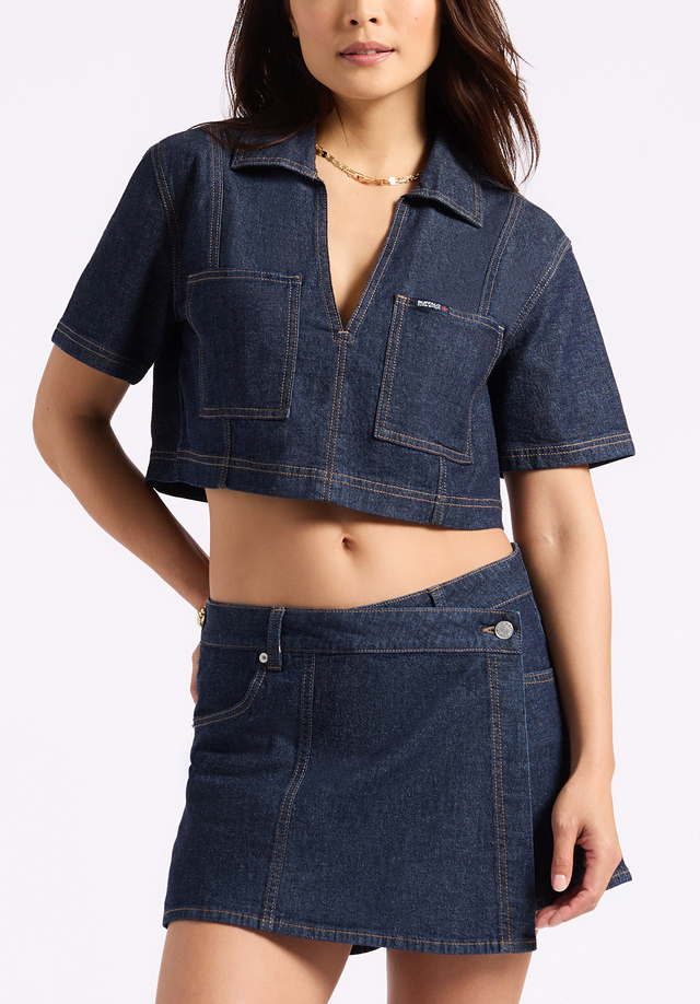 Selena Women's Denim Cropped Top with Patch Pockets, Indigo - BL16016