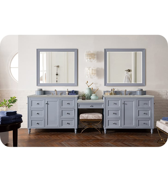 James Martin 301-V122-SL-DU-3EMR Copper Cove Encore 122" Freestanding Double Bathroom Vanity Set in Silver Gray With Countertop & Sink Combo: 1 1/8" Eternal Marfil Quartz Countertop by Silestone with Rectangular Undermount Sink