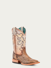 B5007 - WOMEN'S EMBROIDERY  GENUINE TAUPE-BEIGE  PYTHON VAMP WIDE SQUARE TOE COWBOY BOOTS