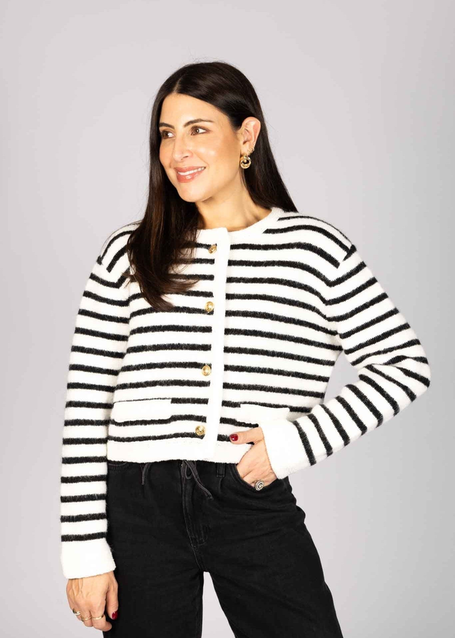 CONTRAST TRIM STRIPED KNITTED CARDIGAN - BLACK / WHITE