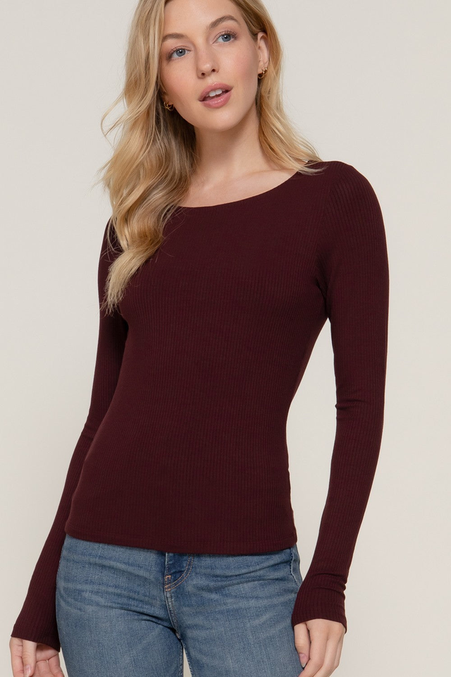 Elowyn Double Layer Rib Knit Tee, Maroon