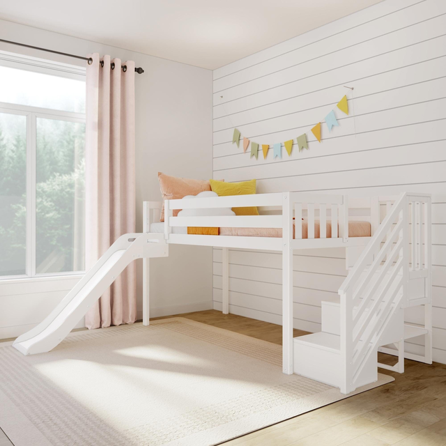 Twin Low Loft Bed With Easy Slide & Stairs