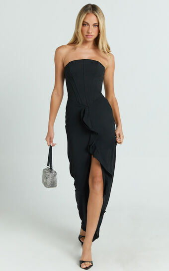 Jamilla Maxi Dress - Strapless Ruffle Front Fit And Flare Dress in Black