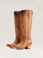 Western Yellow Brown PU Leather Leaf Stitched Patterns Pointed Toe Chunky Heel Boots