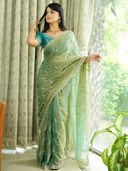 Anouk Green Tissue Embroidered Sarees