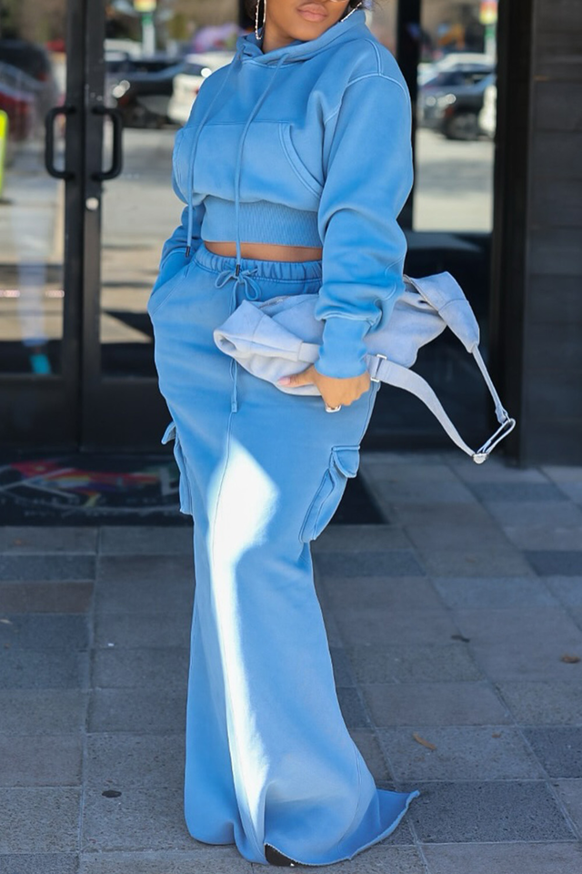 Plus Size Daily Blue Hooded Long Sleeve Cargo Casual Pocket Two Piece Skirt Sets