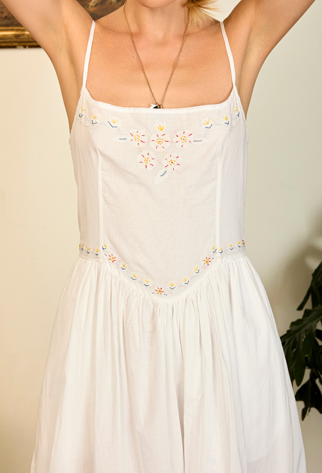 Neroni White Floral Embroidered Cotton Voile Dress
