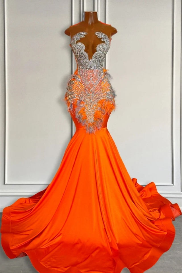 Orange Sleeveless Illusion Mermaid Prom Party Dresses With Beadings and Feather