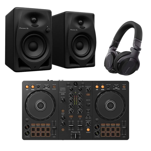 Pioneer DDJFLX4 2-Channel DJ Controller Pack w/ DM40D Monitors & HDJ-CUE1 Headphones