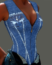 Denim Look Print Zipper Design Bodysuit