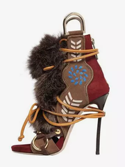 Women's Gladiator Sandals Open Toe Buckle Detail Faux Fur Detail Lace Up Sandals