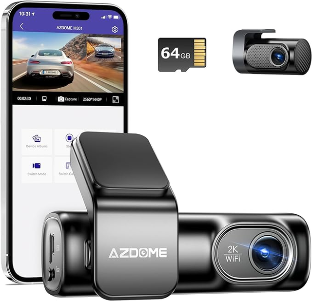 AZDOME M301 2K Dash Cam Front and Rear Built in WiFi Dual Dashcams - Black