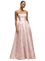 Scoop Neck Drop Basque Skirt Floral Satin Maxi Dress with Pockets