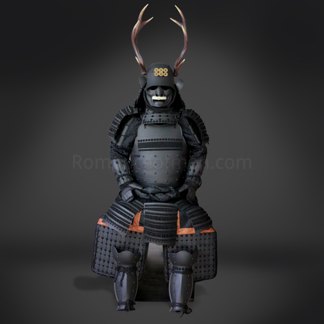 Sanada Yukimura All Black Samurai Armor Tosei Gusoku Style Deer Horn Wakidate Menpo With Beard All Black Scales and Cords