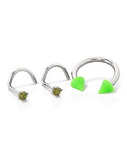 Kayla Malecc Multi-Pack CZ Horseshoe and Screw Nose Rings with Green Ends 3 Pack – 16-18 Gauge